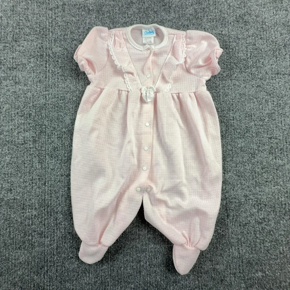 Vintage Carter's One Piece Baby Girls 3-6M Pink Ruffle Babydoll Footed Romper